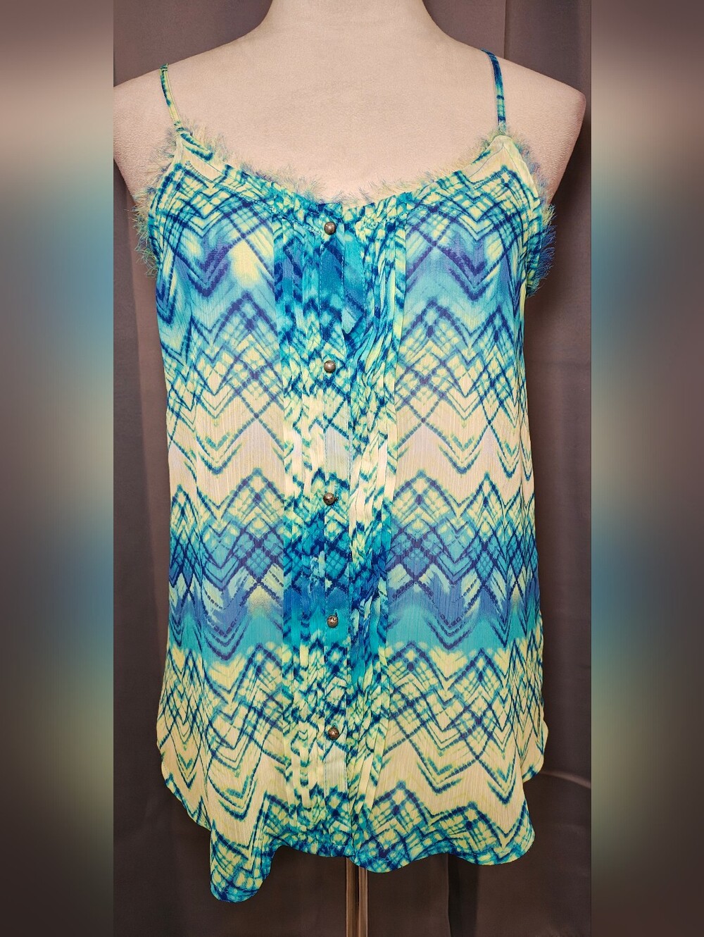 Y2K Arizona Jean Co Semi Sheer Crinkle Cami Top w Eyelash Fringe.